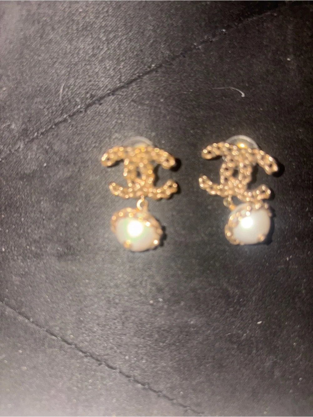 CHANEL Gold CC Drop Earrings with White Pearl Cabochons